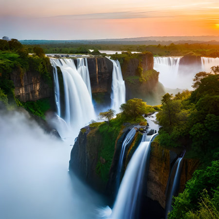 Victoria Falls at sunrise, Zimbabwe, Africa. The largest series of waterfalls in the worldの素材
