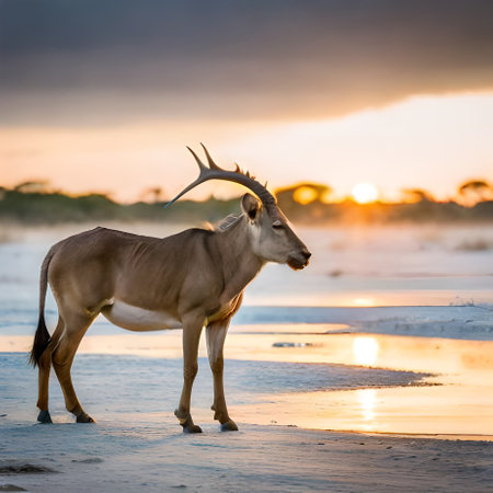 Portrait of a male deer with antlers on the background of sunsetの素材