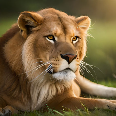 Portrait of a lioness lying in the grass and looking at the cameraの素材