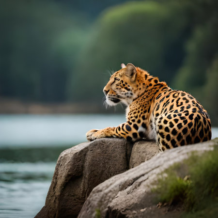 Leopard resting on a rock by the lake. Wildlife scene from nature.の素材