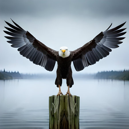 Bald Eagle (Haliaeetus leucocephalus) perched on a postの素材