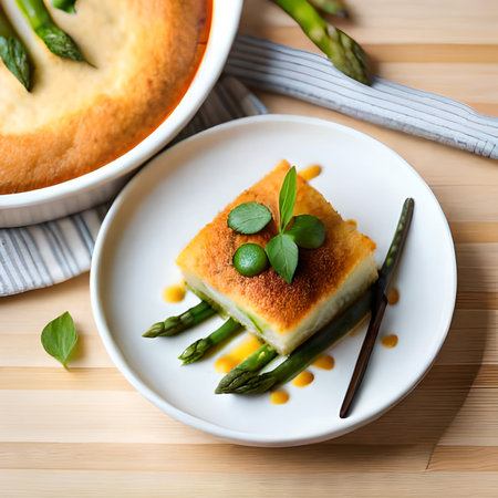 Asparagus tart with cream sauce on a white plate, top viewの素材