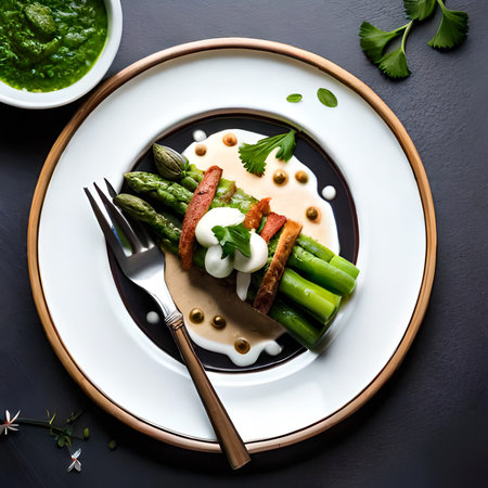 Green asparagus with poached eggs and smoked salmon. Top viewの素材