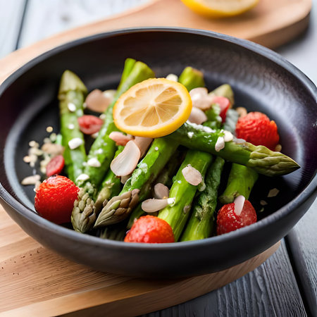 Green asparagus salad with strawberries, almonds and lemon in a bowl.の素材