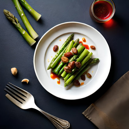 Green asparagus with fried almonds and ketchup on a black backgroundの素材