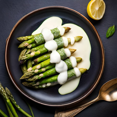 Green asparagus with creamy sauce and pine nuts on a black plateの素材