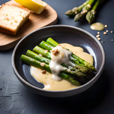 Green asparagus with white sauce and pine nuts on black backgroundの素材