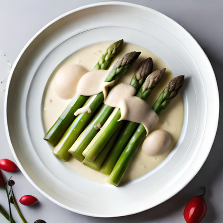 Asparagus with cream sauce on a white plate, top viewの素材