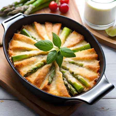 Asparagus baked with cheese and herbs in a baking dish.の素材