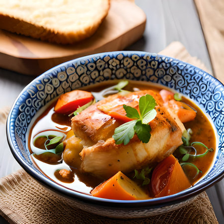 Fish stew with vegetables in a bowl on a wooden background. Selective focus.の素材
