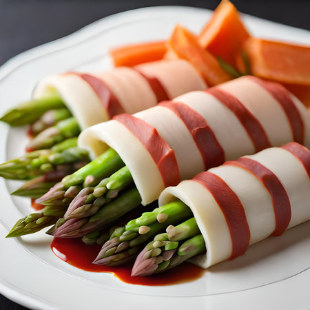 Asparagus wrapped in bacon and cheese on a white plate.の素材