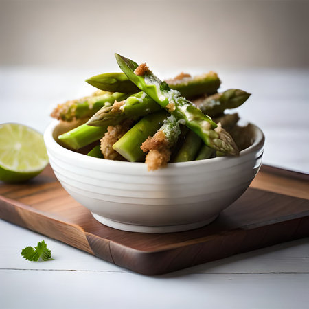 Bowl of asparagus salad with croutons and limeの素材