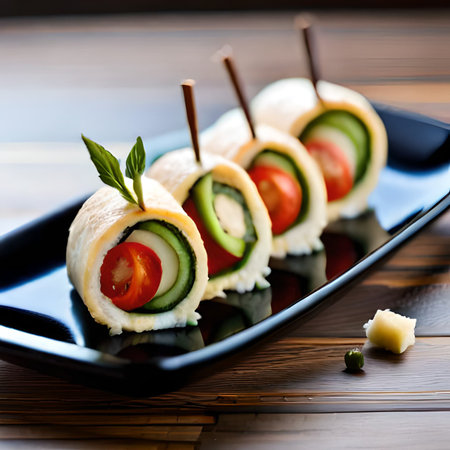 Cucumber rolls with cream cheese and cherry tomatoes on a plateの素材