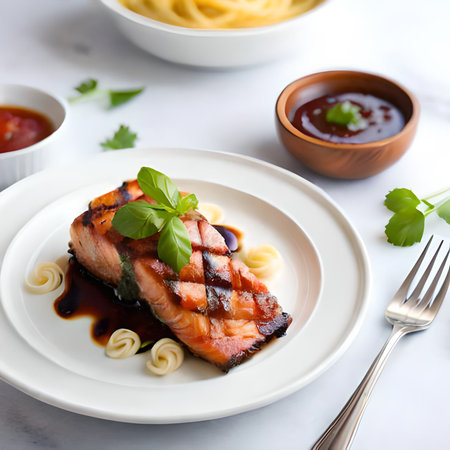 Grilled salmon fillet with pasta and sauce on a white backgroundの素材