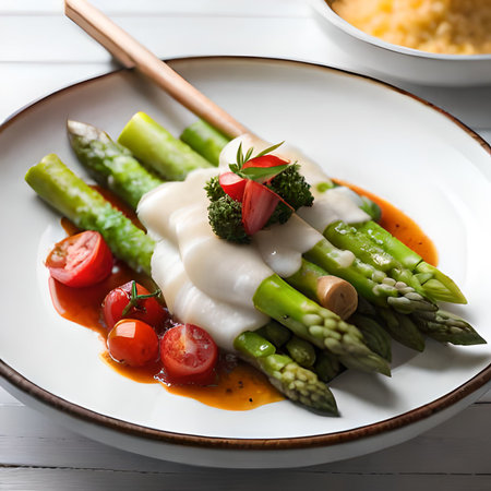 Asparagus with white sauce and cherry tomatoes on a white plateの素材
