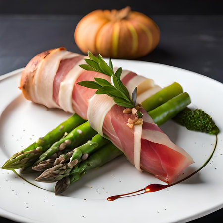 Asparagus wrapped in prosciutto ham on a white plateの素材