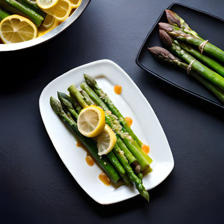 Green asparagus with lemon and sauce on a black background.の素材