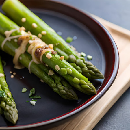 Green asparagus with cheese and sesame seeds on black plateの素材