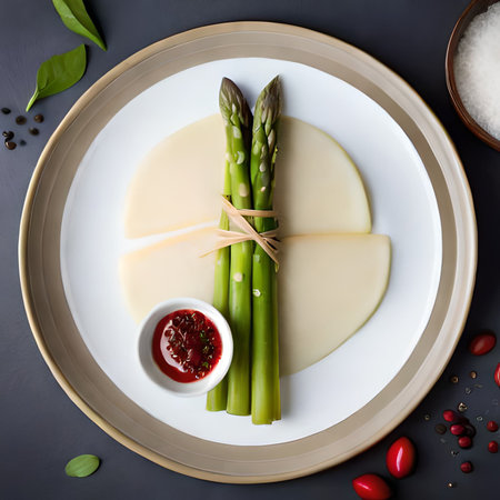 Asparagus with cheese and tomato sauce on a white plate.の素材