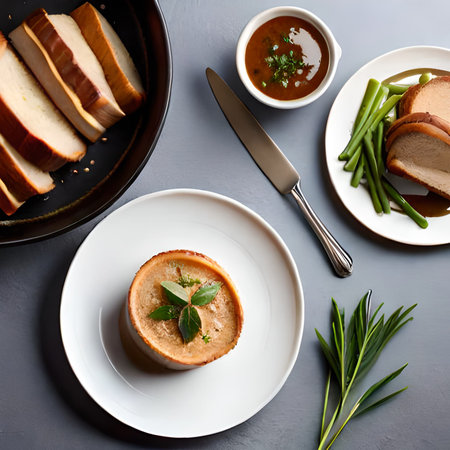Slices of bread with herbs and sauce on a dark backgroundの素材
