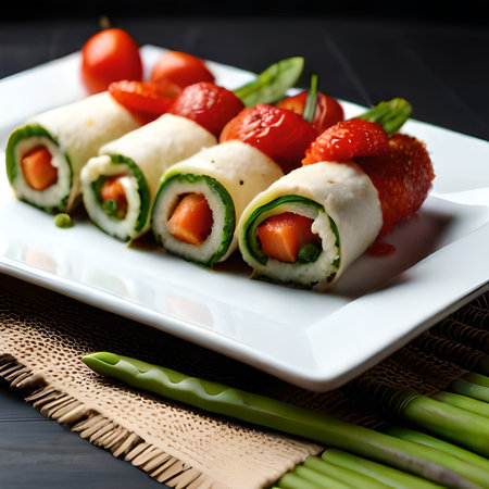 Sushi rolls with cream cheese and vegetables on a white plate.の素材