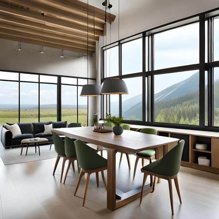Interior of modern living room with wooden walls, tiled floor, panoramic window with countryside view and wooden dining table with green chairs. 3d renderingの素材