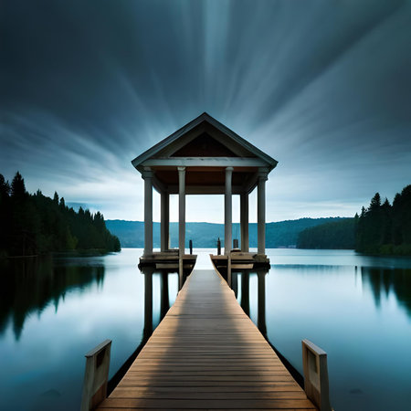 Wooden pier on a lake at sunrise with rays of light coming through the cloudsの素材