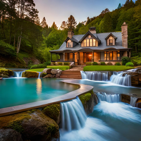 Beautiful house with a waterfall in the background. Long exposure.の素材