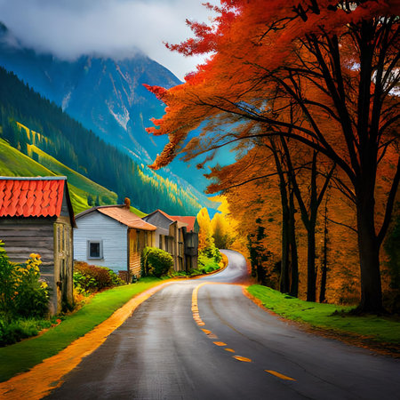 Colorful autumn landscape in the mountains. Road and houses in the village.の素材