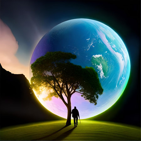 Silhouette of a loving couple against the background of the planet.の素材