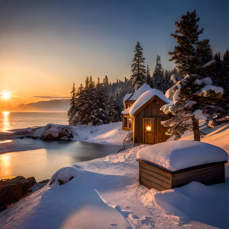 Beautiful winter sunrise over Lake Tahoe, California, USA.の素材