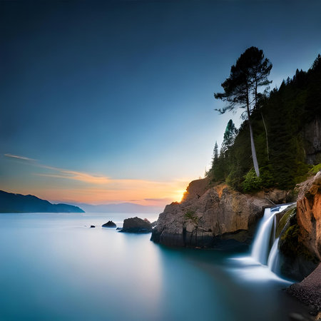 Beautiful sunrise over the sea with a waterfall in the foreground. Toned.の素材
