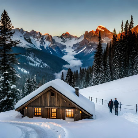 Winter in the swiss alps, Switzerland. Two people walking in front of a wooden houseの素材
