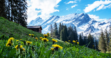 Alpine meadow with dandelions and snow-capped mountainsの写真素材