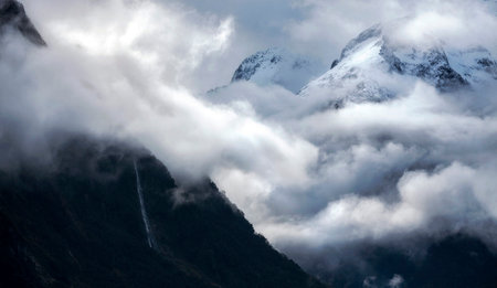 Mountain landscape with clouds and fog, Himalayas, Nepalの写真素材