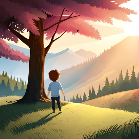 Vector illustration of a boy in the forest at sunset. Cartoon style.の素材