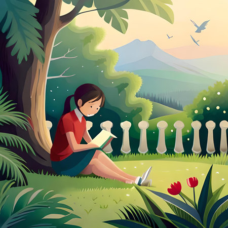 Girl reading a book in the park. Vector illustration in cartoon styleの素材