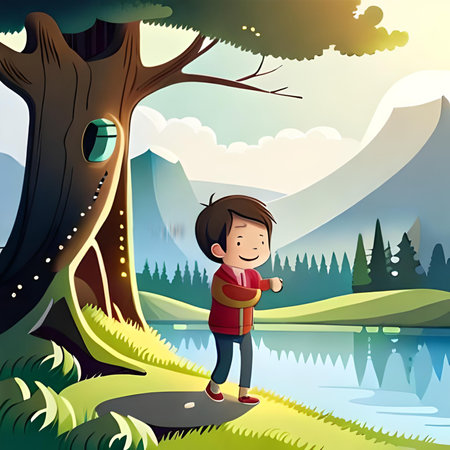 Boy standing at the lake in the forest illustration. Vector illustration.の素材