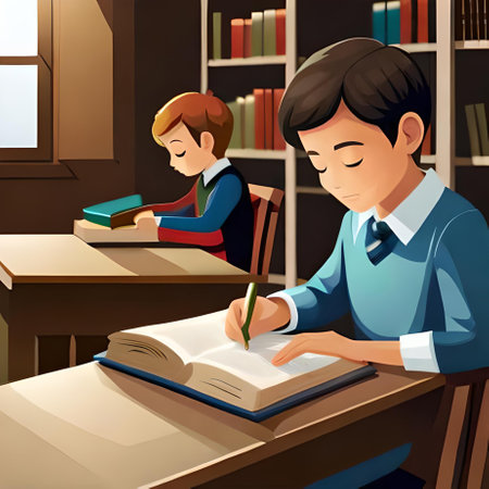 Illustration of a young man doing his homework in the library at homeの素材
