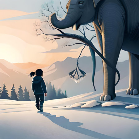 girl walking in the winter forest with a big elephant. vector illustrationの素材