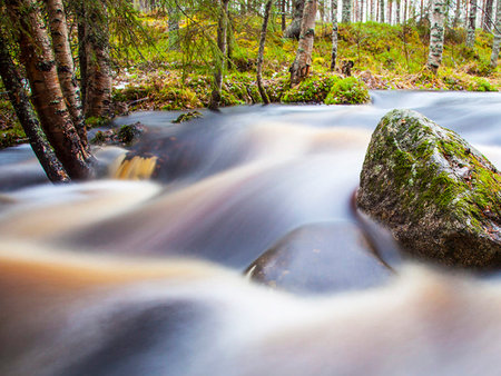 Mountain stream in the autumn forest. Long exposure. Long exposure.
