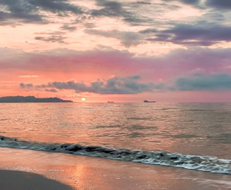 Sunset on the beach of Koh Lipe in Satun, Thailandの写真素材