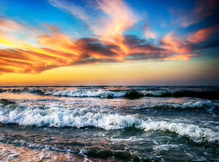 Beautiful sunset on the sea. Colorful clouds at sunset.
