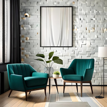 Interior of modern living room with white brick wall and blue armchairsの素材