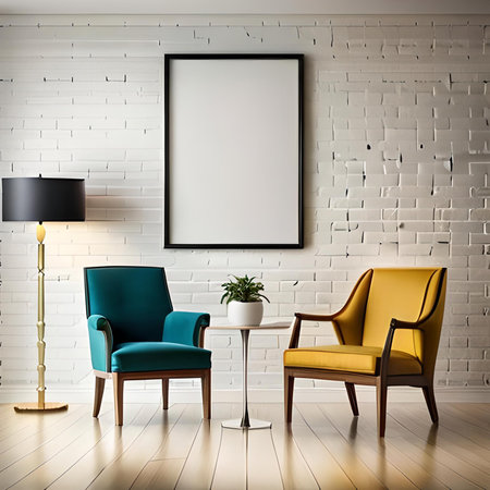 Modern living room interior with two armchairs, lamp and white brick wall. Mock up, 3D Renderingの素材