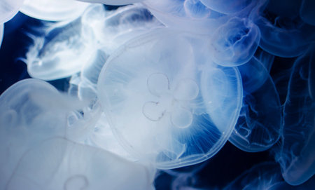 Jellyfish in water close up. Abstract background for design.の写真素材