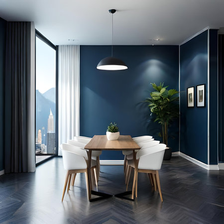 Dining room with blue walls, wooden floor, round table and chairs. 3d renderingの素材