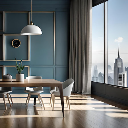 Modern dining room interior with blue walls, wooden floor, panoramic window with city view. 3d renderingの素材