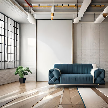 Interior of modern living room with blue sofa and blank poster. 3D Renderingの素材