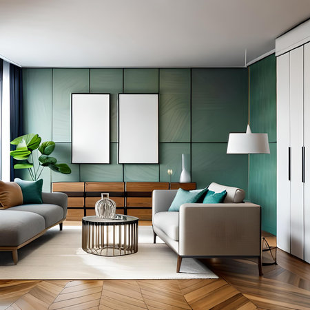 Interior of modern living room with green walls, wooden floor, gray sofa standing near round coffee table and two vertical mock up posters. 3d renderingの素材